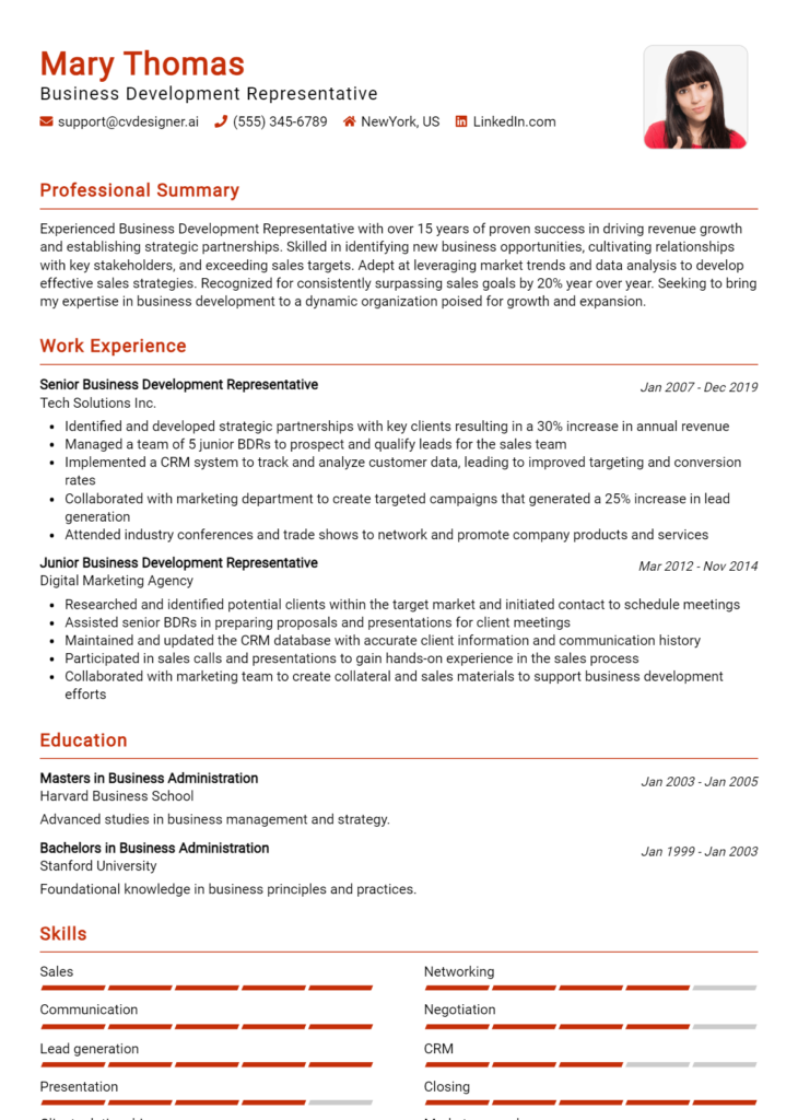 Business Development Representative Resume Example