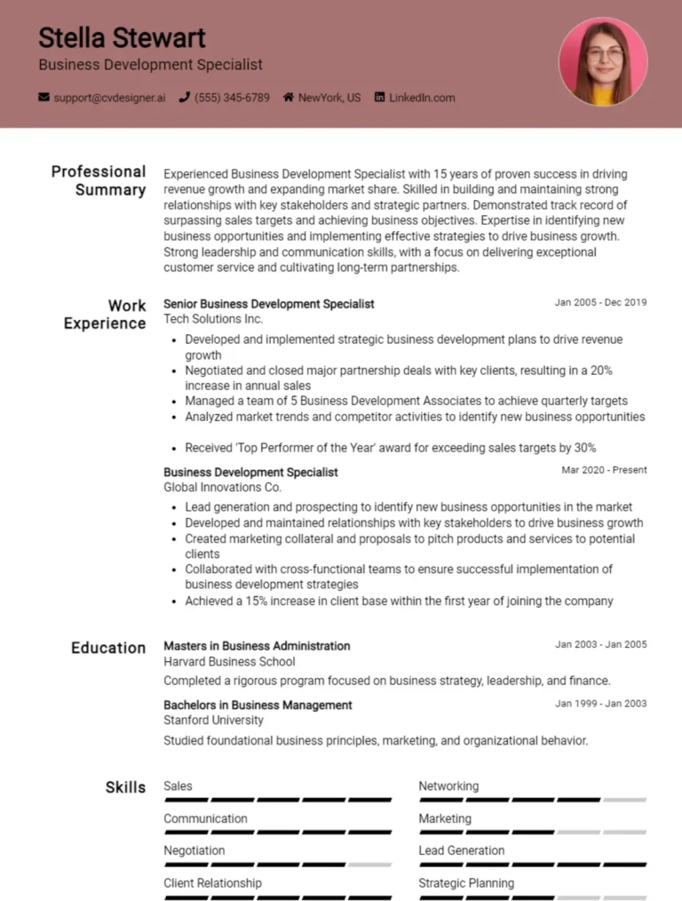 Business Development Specialist CV Example For 2025: Free Professional Templates