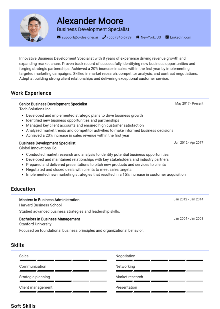 8 Business Development Specialist Resume Examples for 2025: Top CV Skills