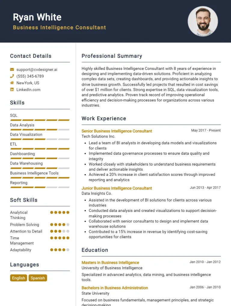 Business Intelligence Consultant CV Example For 2025: Tips & Templates