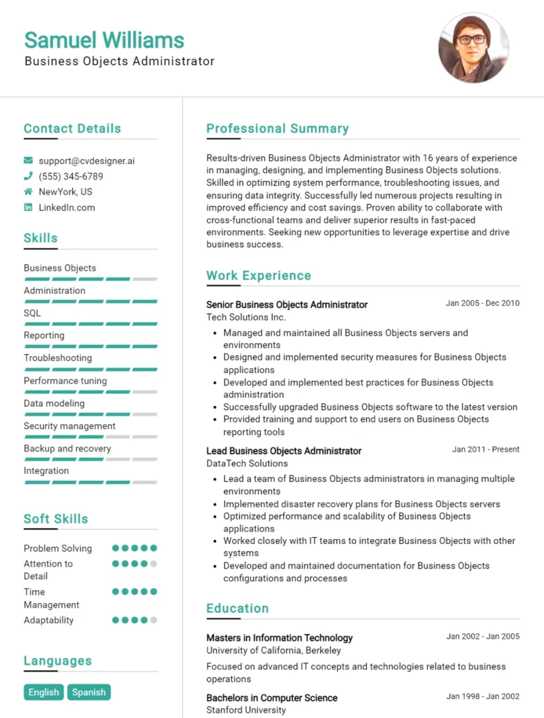 Business Objects Administrator CV Example