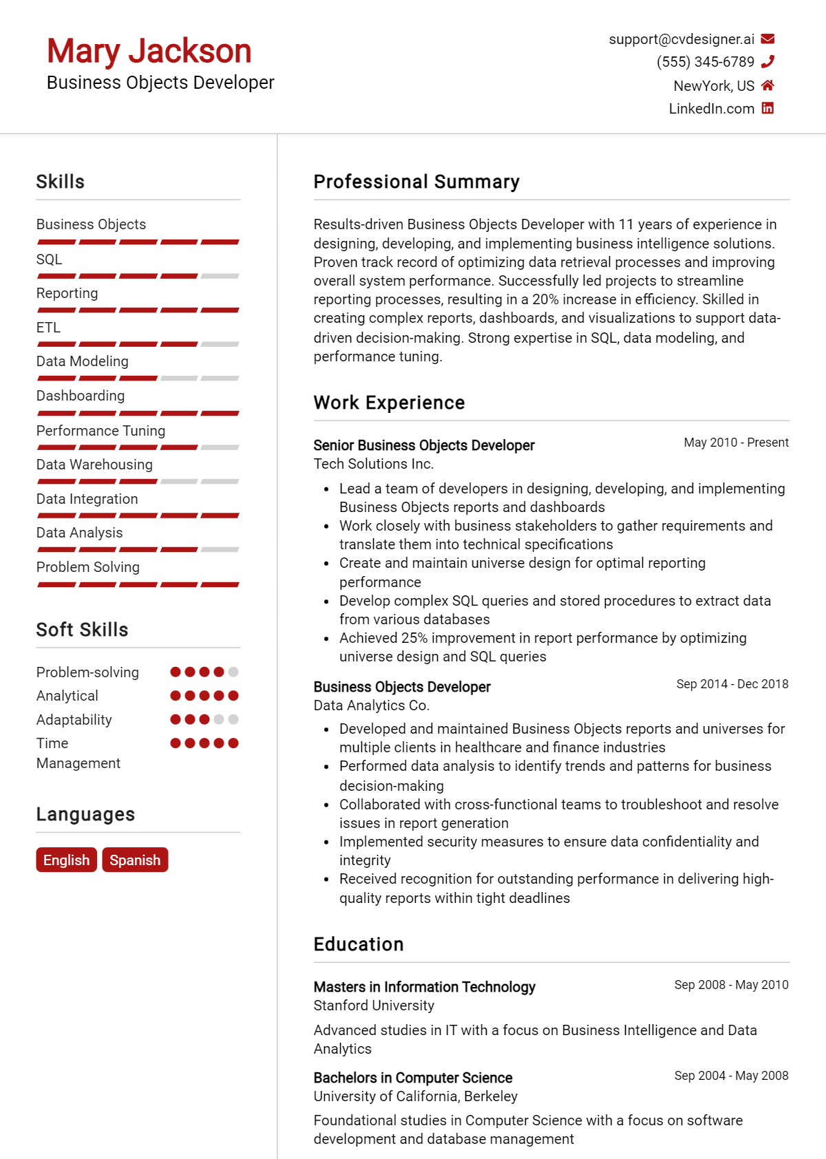 Business Objects Developer Resume Example