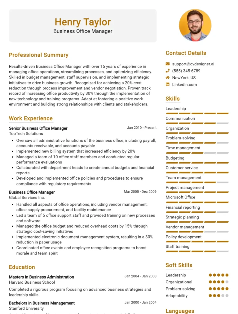 12 Business Office Manager CV Examples And Templates For 2025