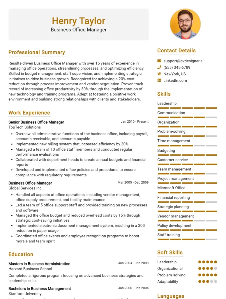 Business Office Manager CV Example