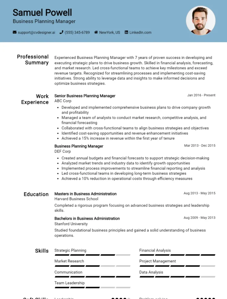 Business Planning Manager CV Example For 2025: Examples & Free Templates