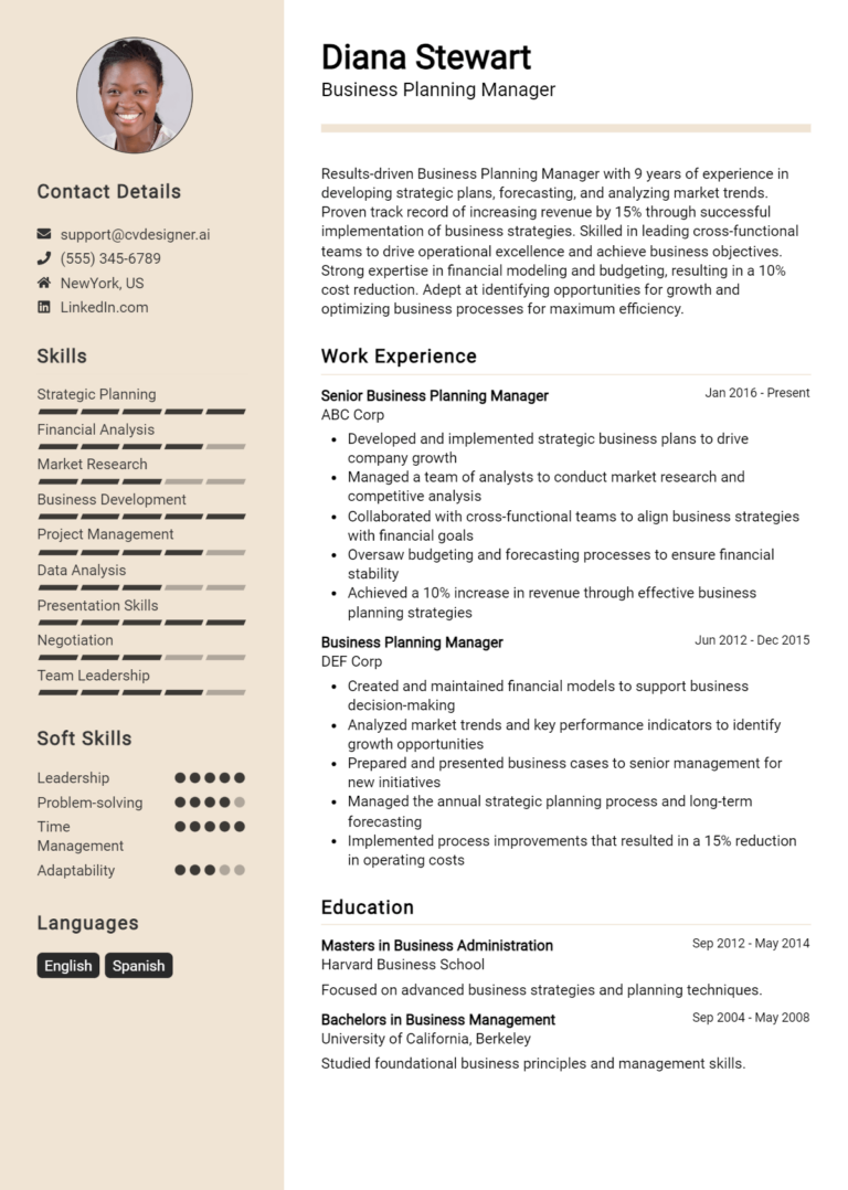 Business Planning Manager Resume Example for 2025: Ultimate Guide