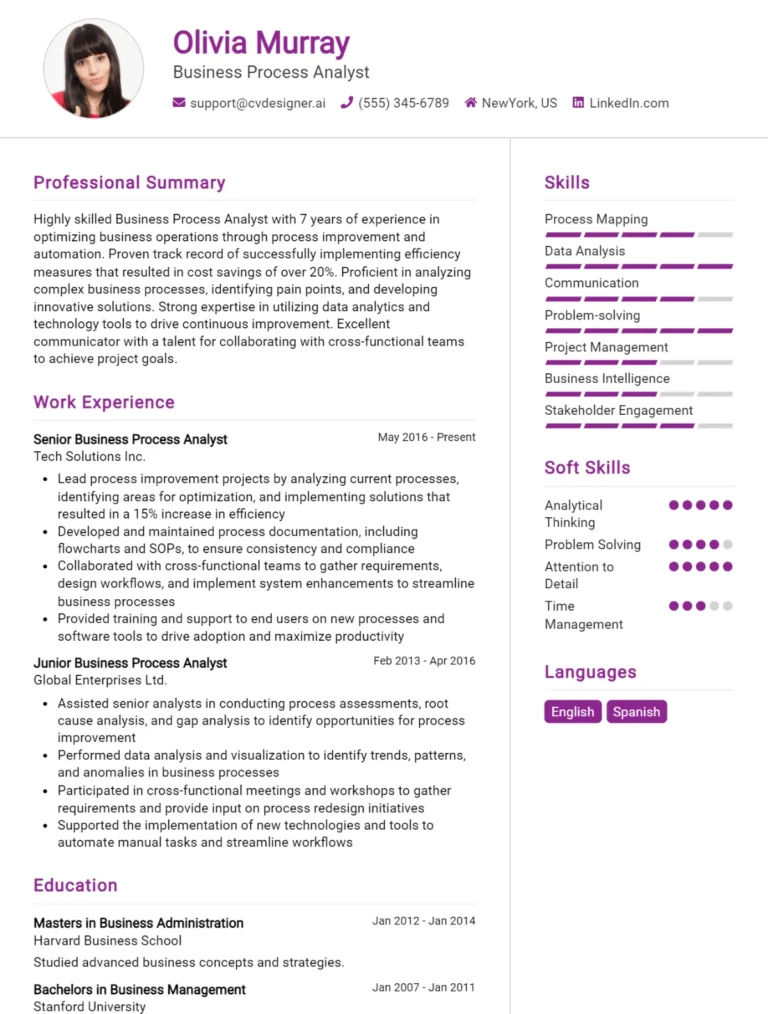 Business Process Analyst CV Example For 2025: Examples & Free Templates