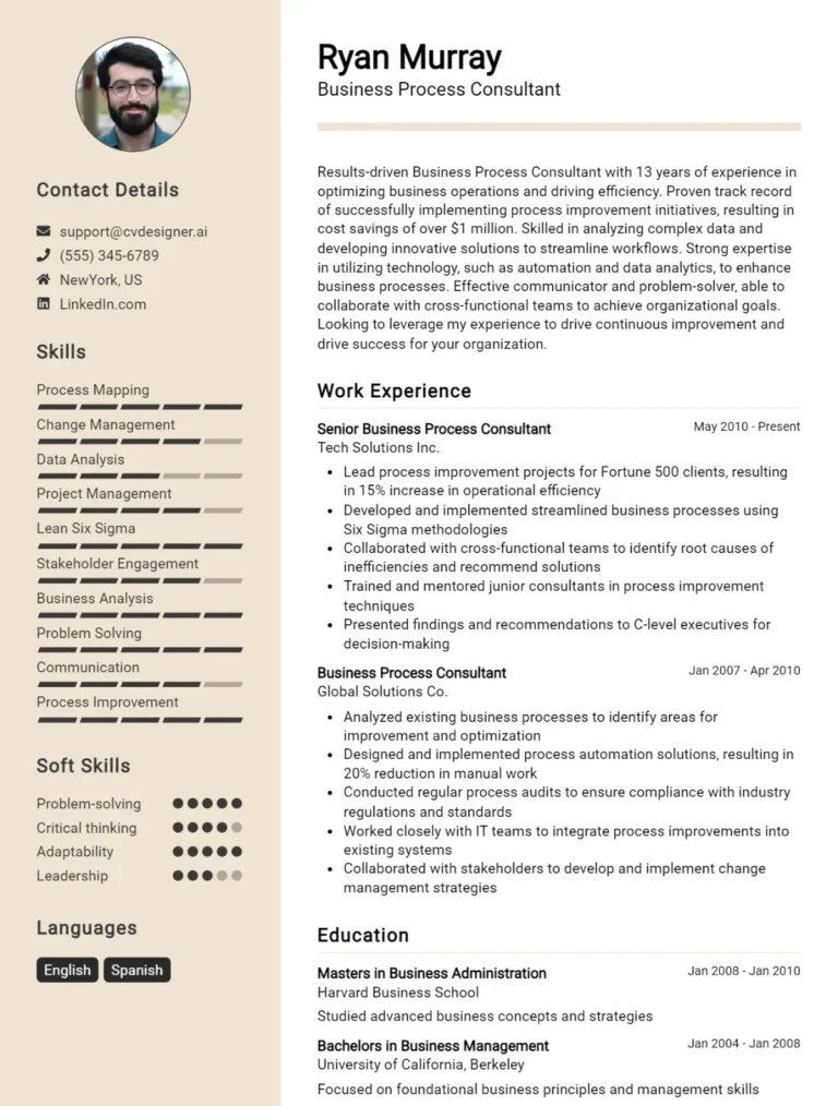 Business Process Consultant CV Example For 2025: Professional CV Templates