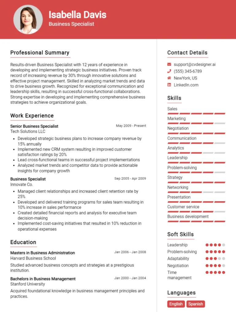 Business Specialist CV Example For 2025: Expert Tips & Templates