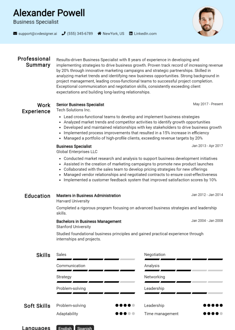 6 Business Specialist Resume Examples for 2025: Top Templates