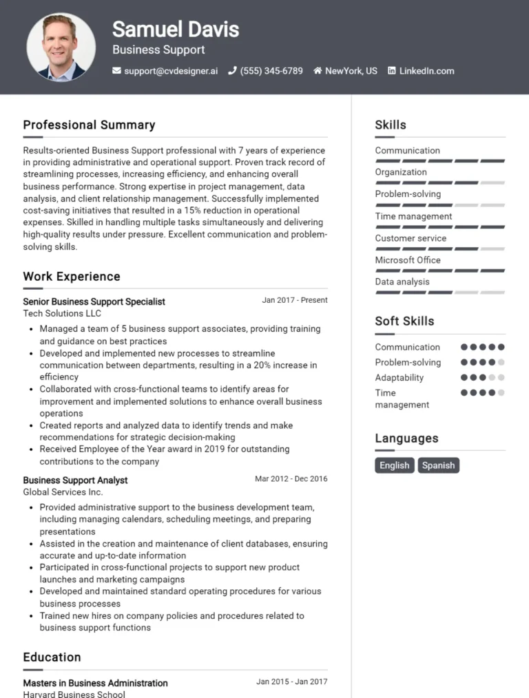Business Support CV Example For 2025: Tips to Stand Out