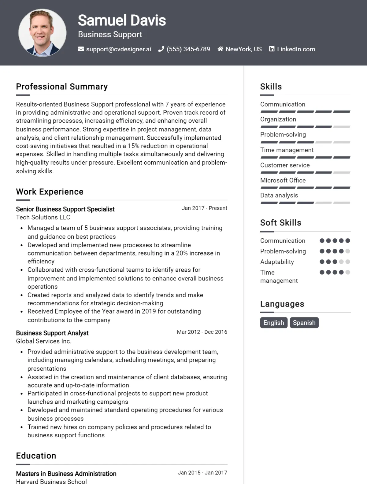 Business Support CV Example