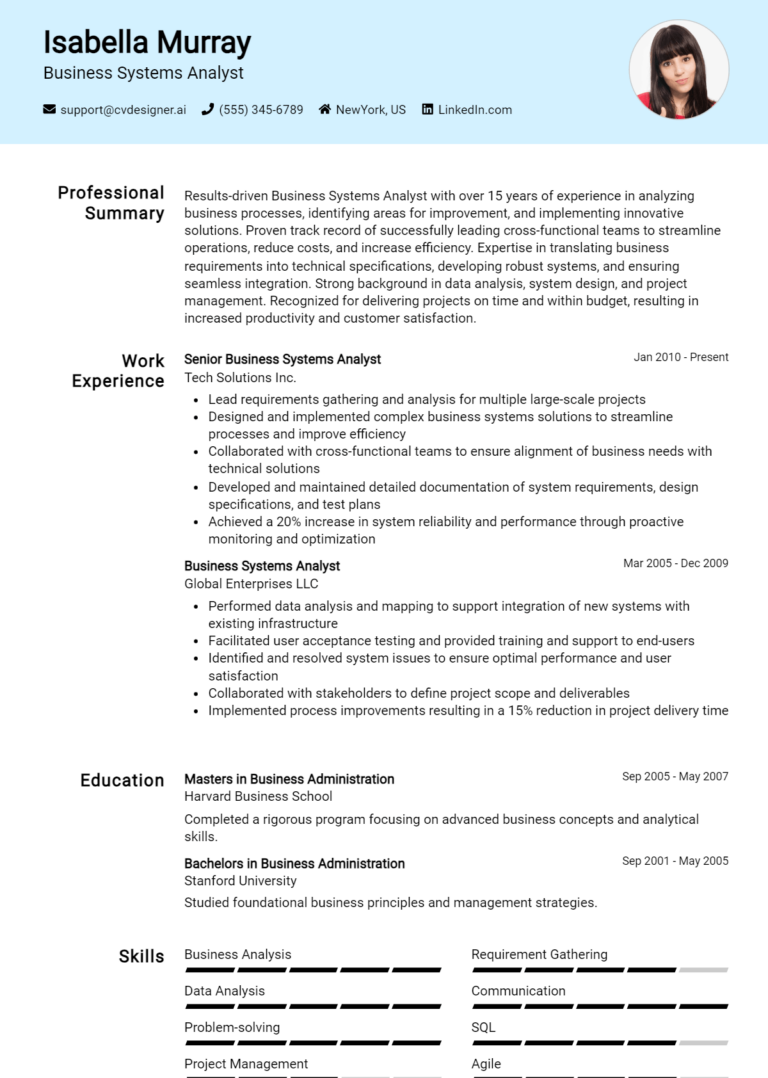 Business Systems Analyst Resume Example for 2025: Resume Guide