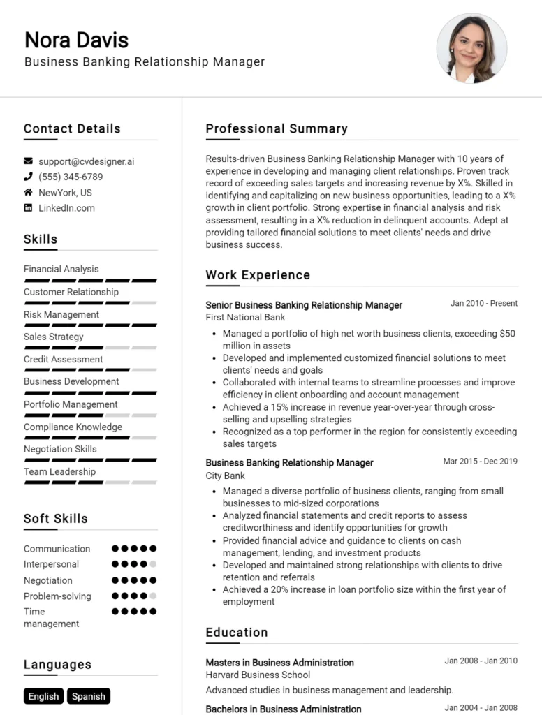 Business Banking Relationship Manager CV Example