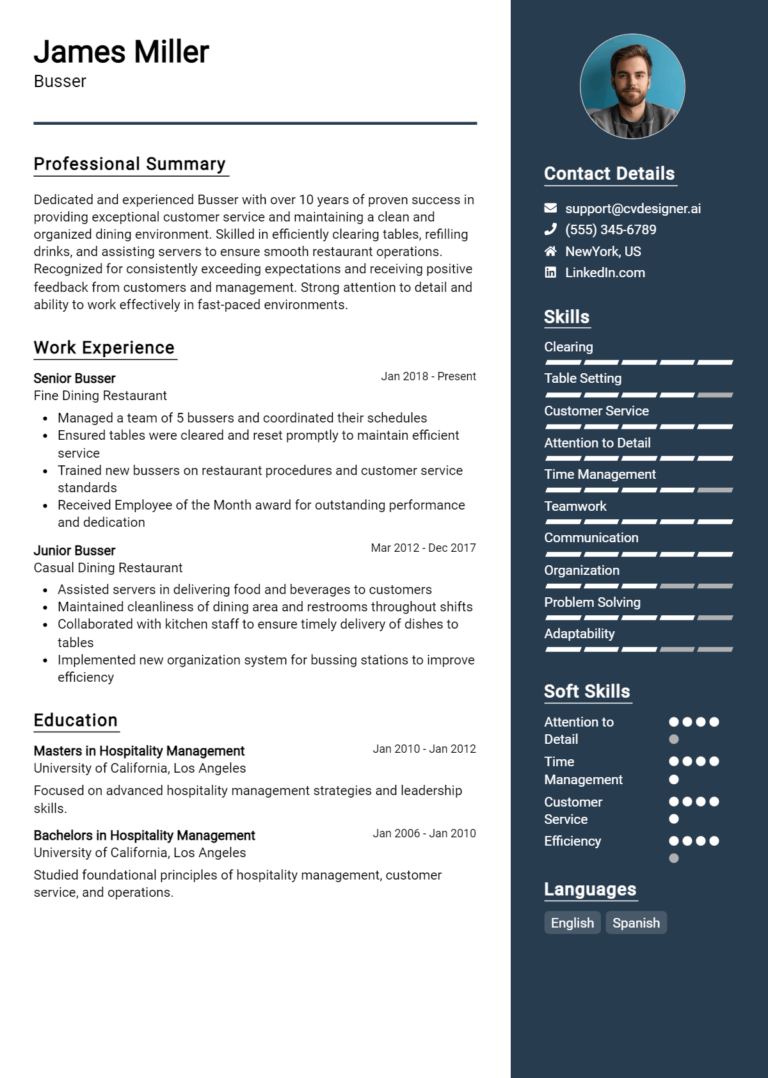 Busser Resume Example for 2025: Tips to Stand Out