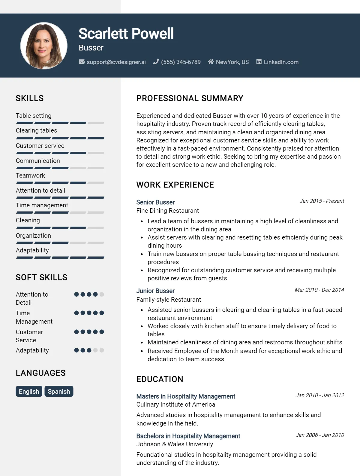 Busser CV Example For 2024: Effective CV Writing Tips - CVDesigner.ai