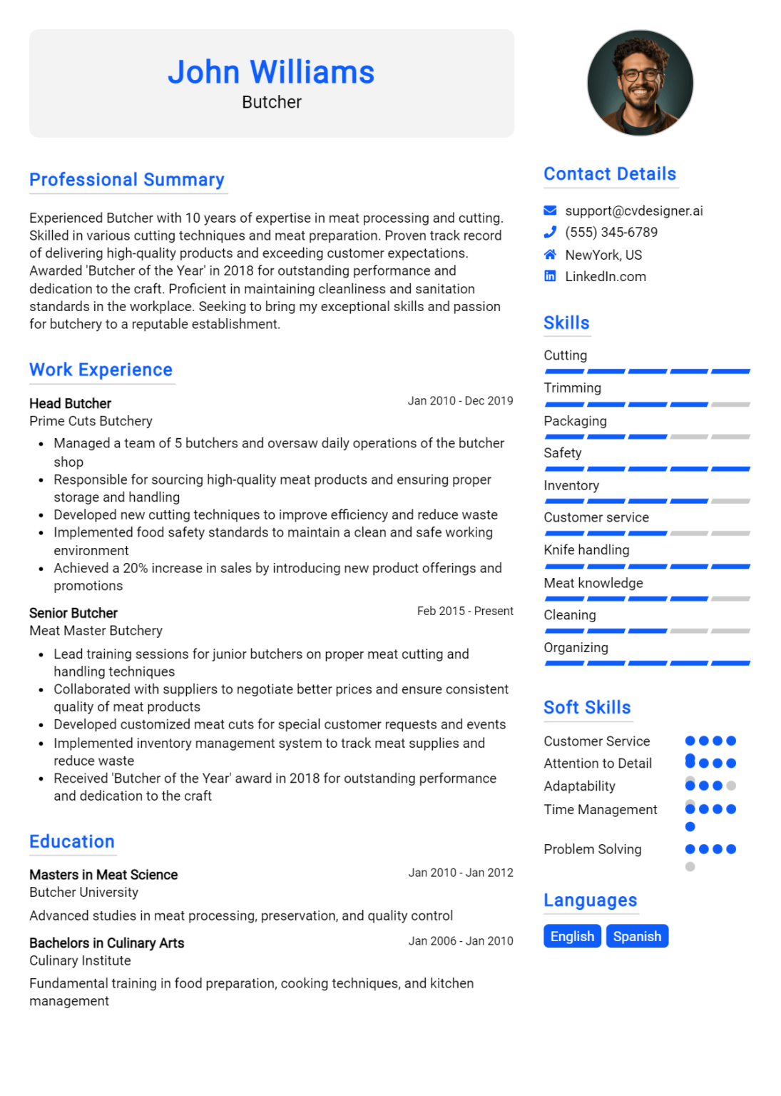 Butcher Resume Example for 2024: Strategies & Templates - CVDesigner.ai