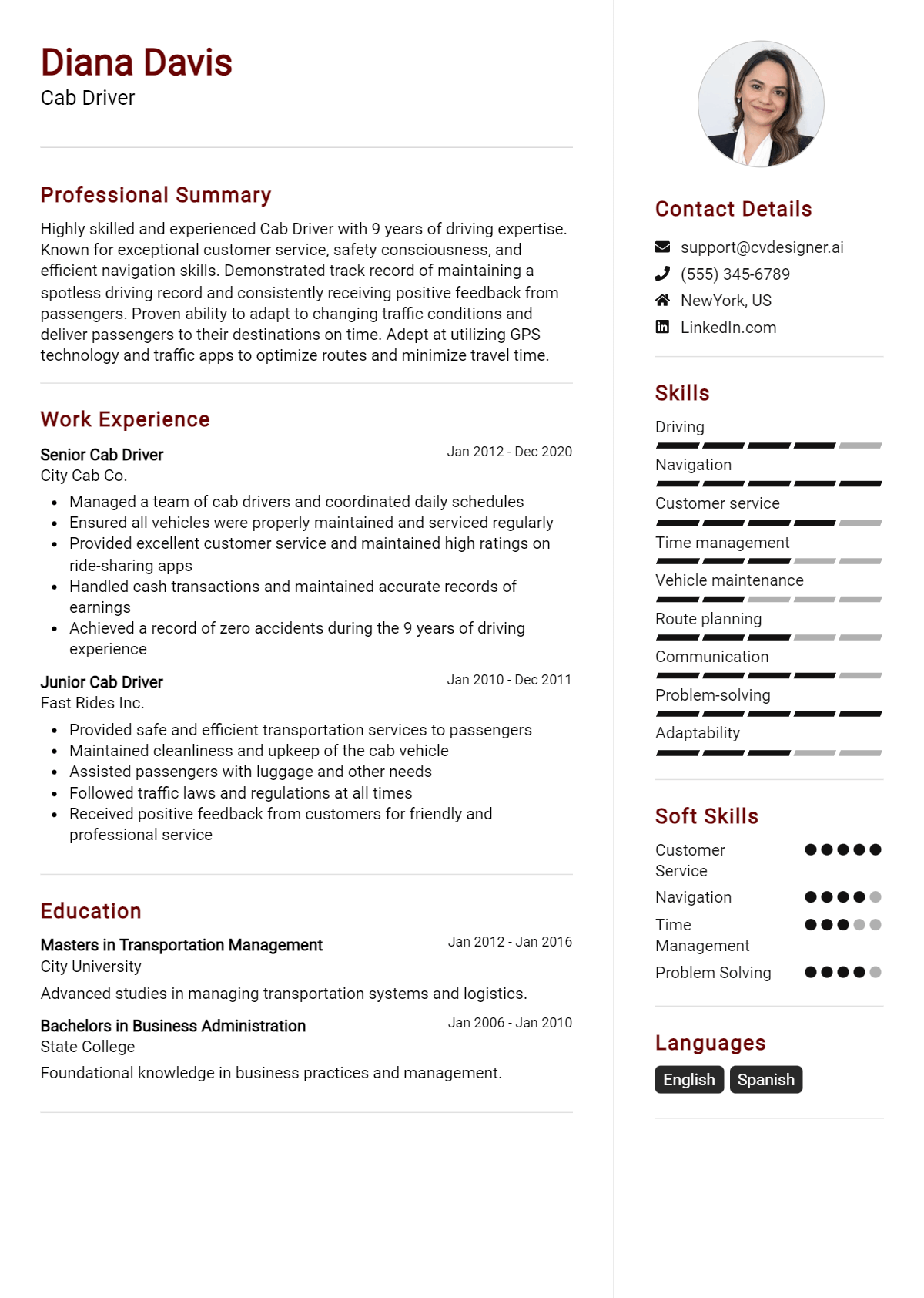 Cab Driver Resume Example