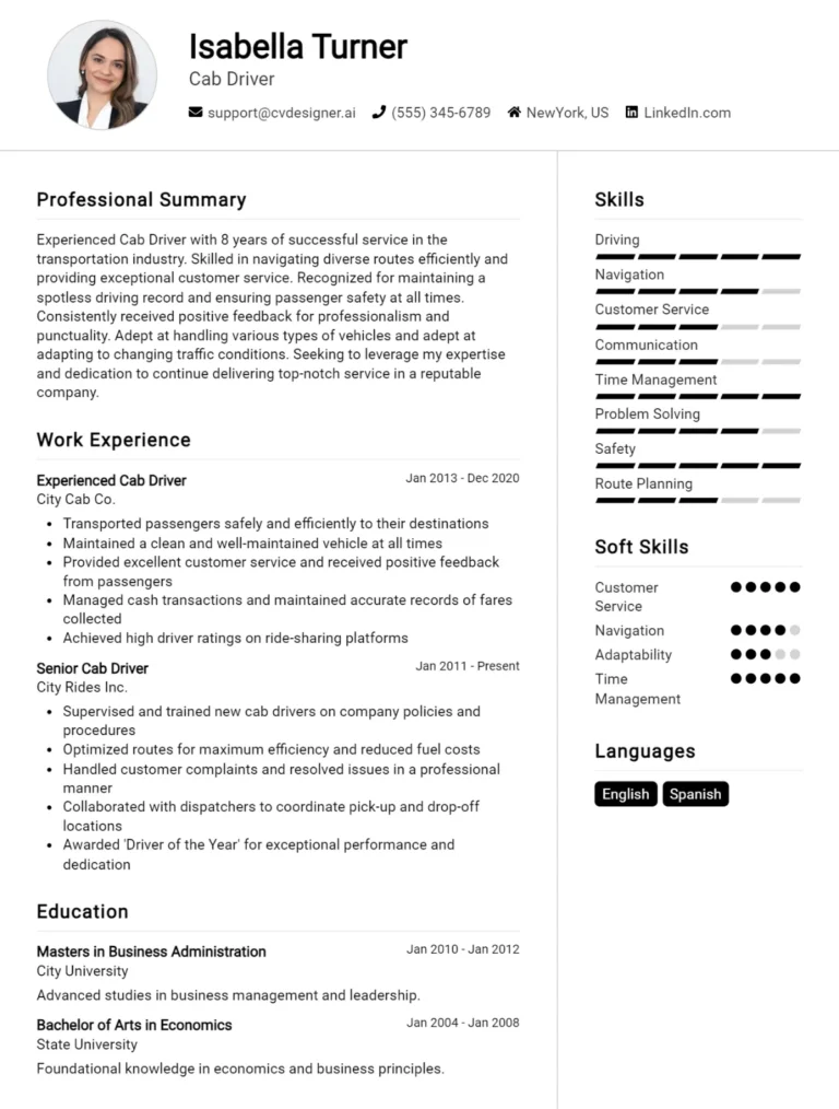 Cab Driver CV Example For 2025: How to Craft a Winning CV