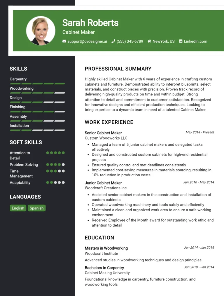 Cabinet Maker CV Example For 2025: Professional CV Templates