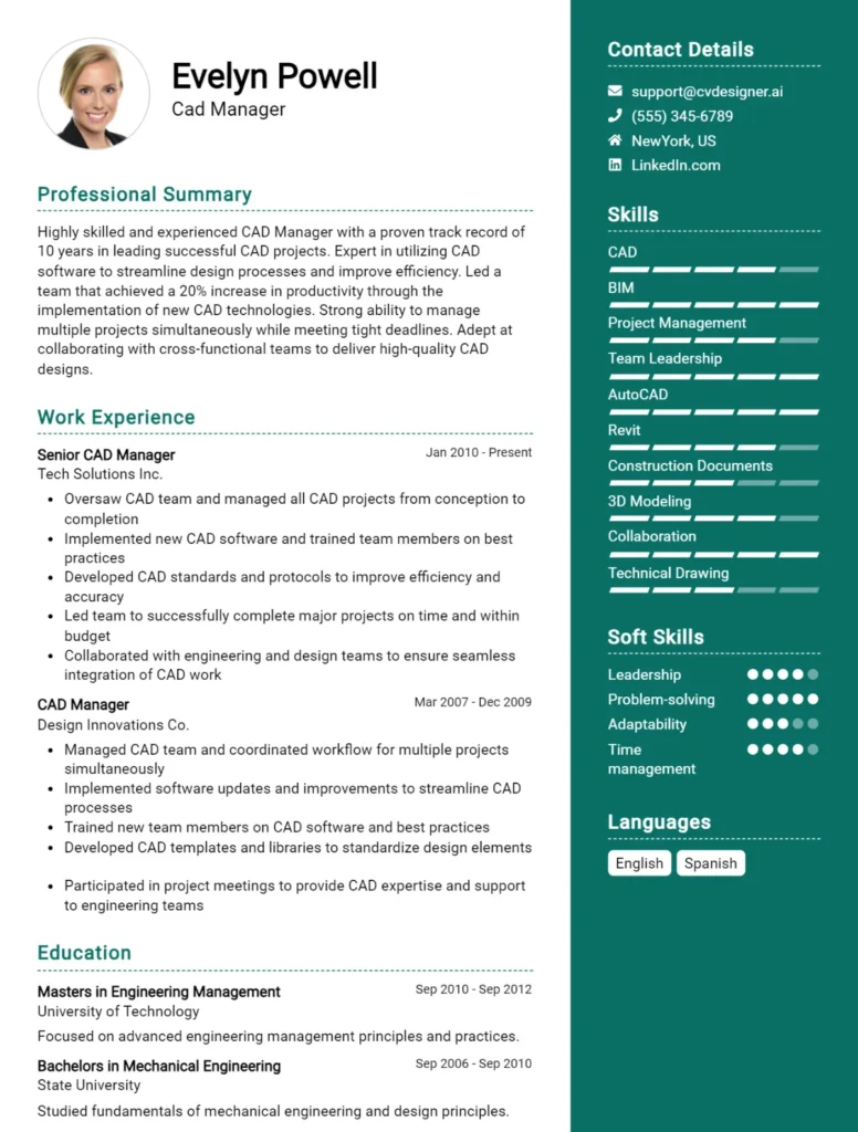 Cad Manager CV Example