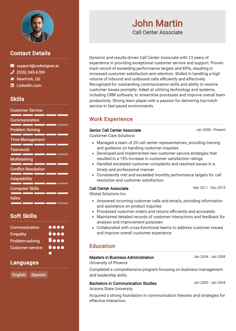 Call Center Associate Resume Example for 2025: Free Professional Templates