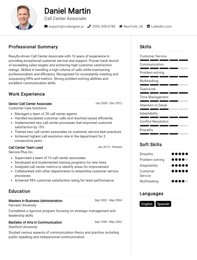 Call Center Associate CV Example For 2025: Tips & Templates