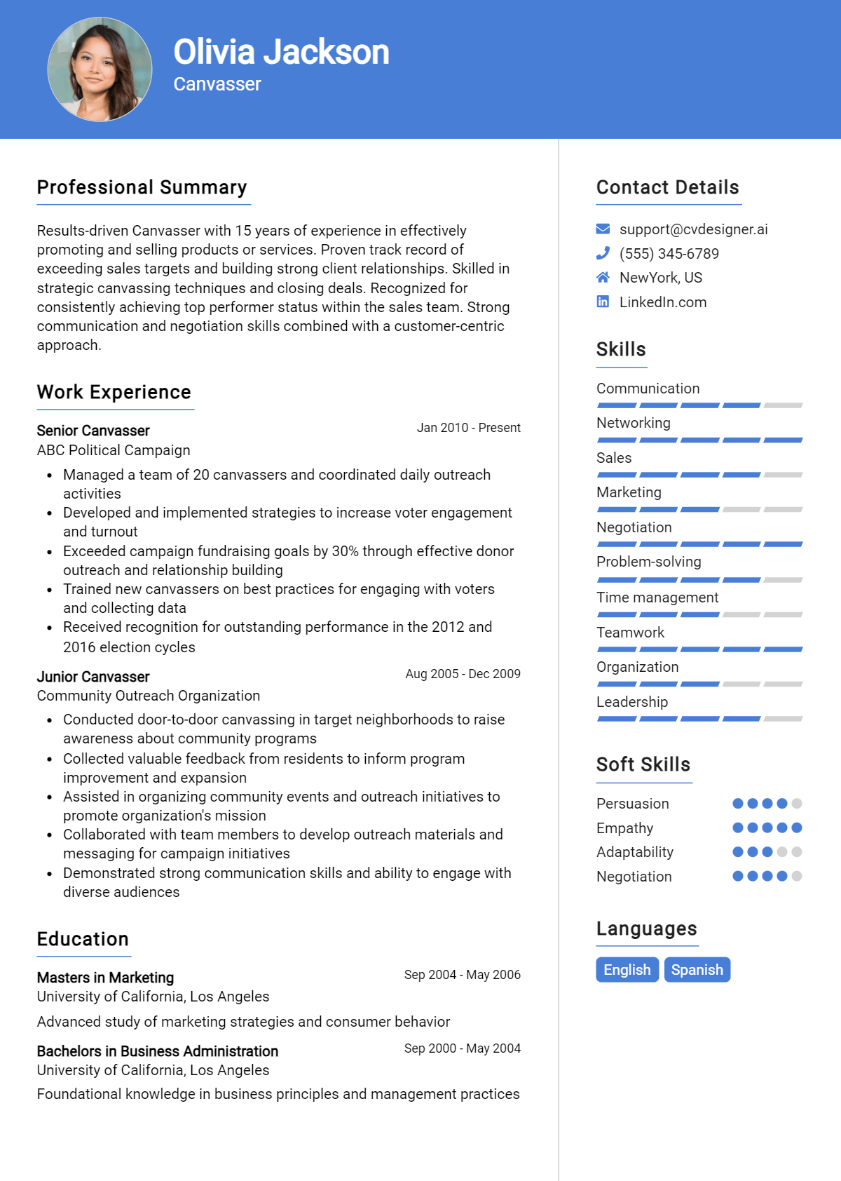 Canvasser Resume Example for 2024: Top CV Skills - CVDesigner.ai