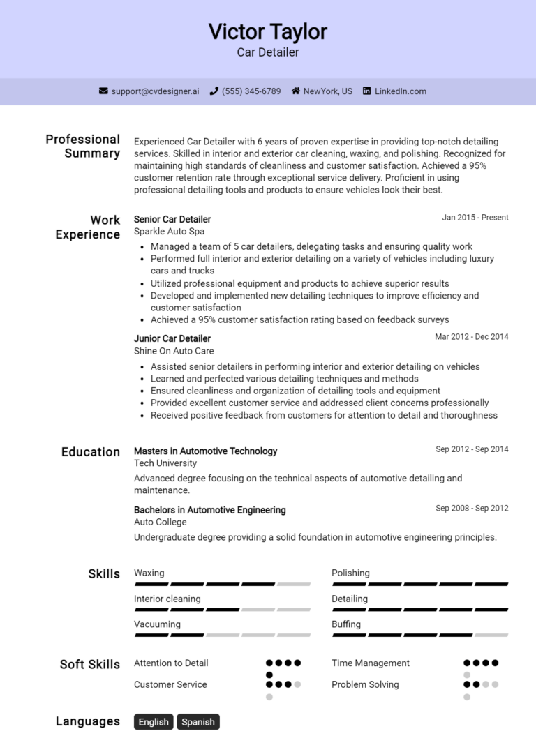 Car Detailer Resume Example for 2025: Top CV Skills