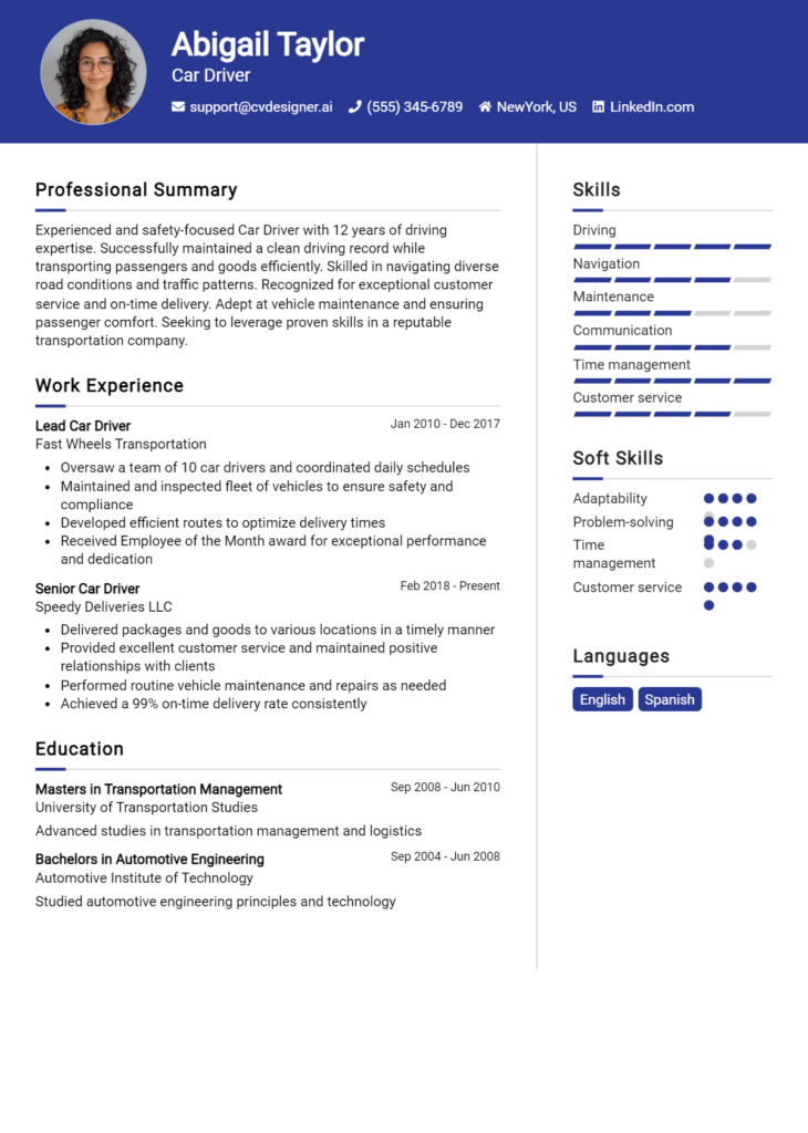 Car Driver Resume Example