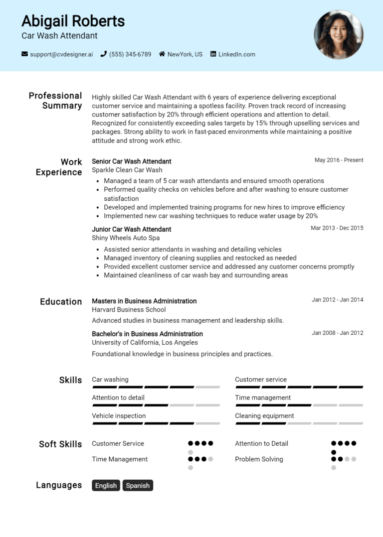 Car Wash Attendant Resume Example for 2025: Free Downloadable Templates