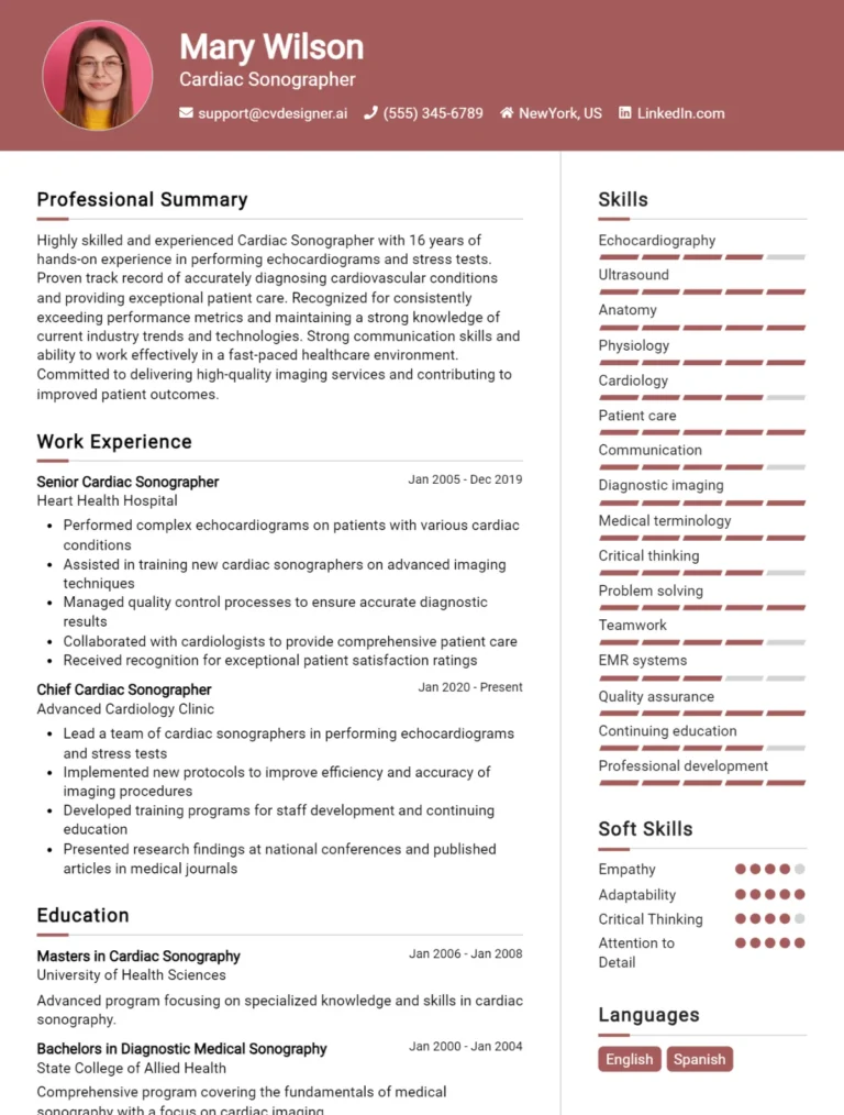 Cardiac Sonographer CV Example For 2025: Proven Tips & Templates