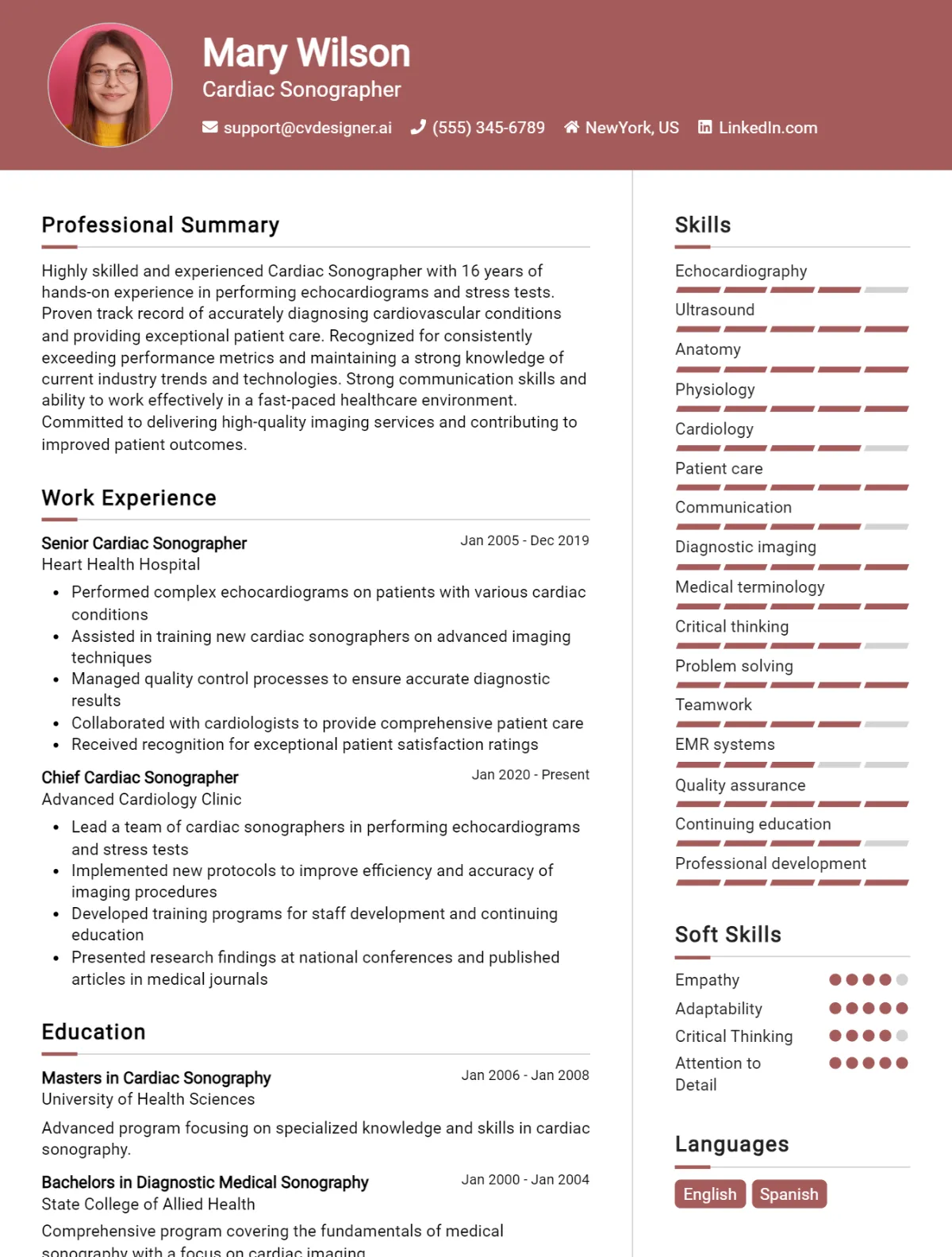 Cardiac Sonographer CV Example