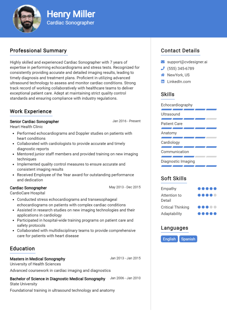 Cardiac Sonographer Resume Example for 2025: Expert Tips & Templates