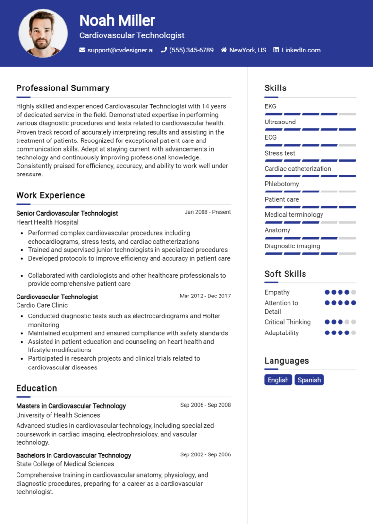 Cardiovascular Technologist Resume Example for 2025: Samples & Best Practices