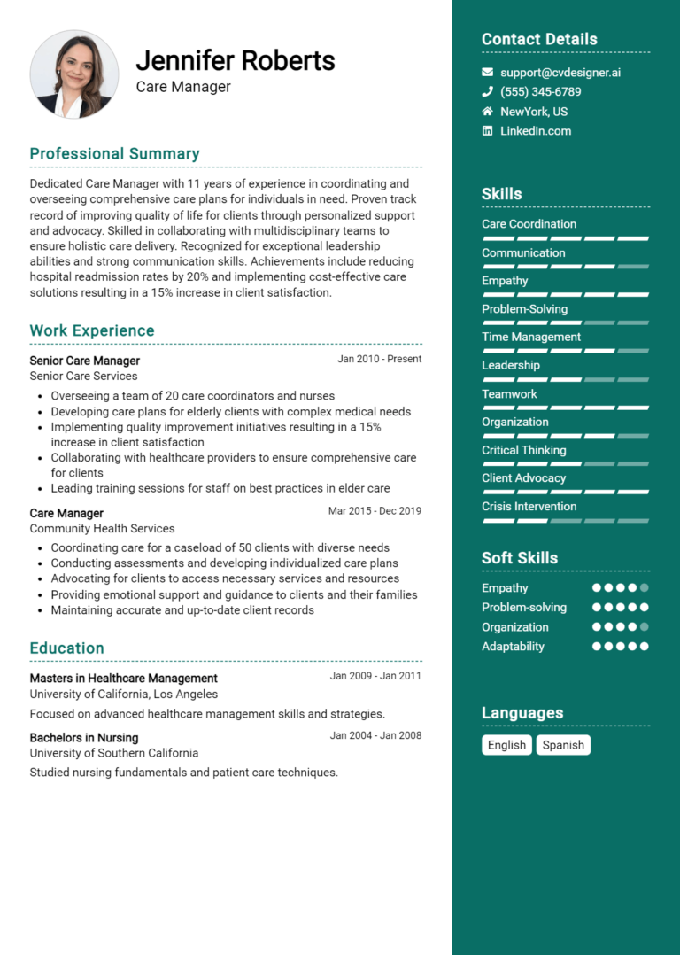 Care Manager Resume Example for 2025: Best Writing Guide