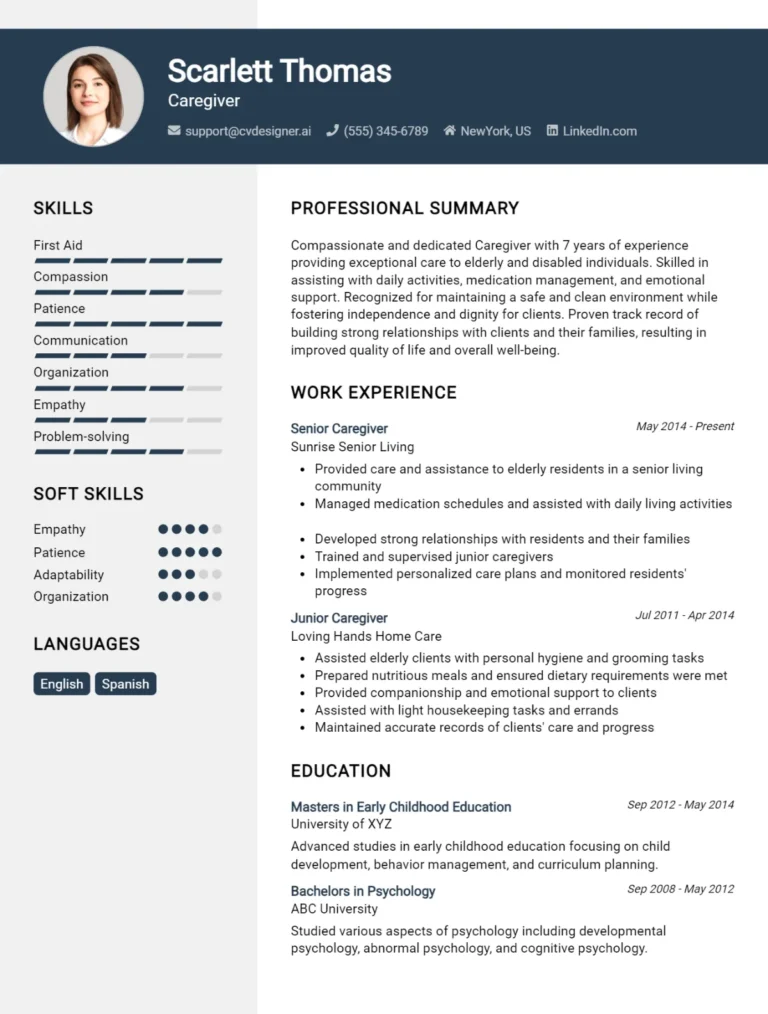 Caregiver CV Example For 2025: Free Professional Templates