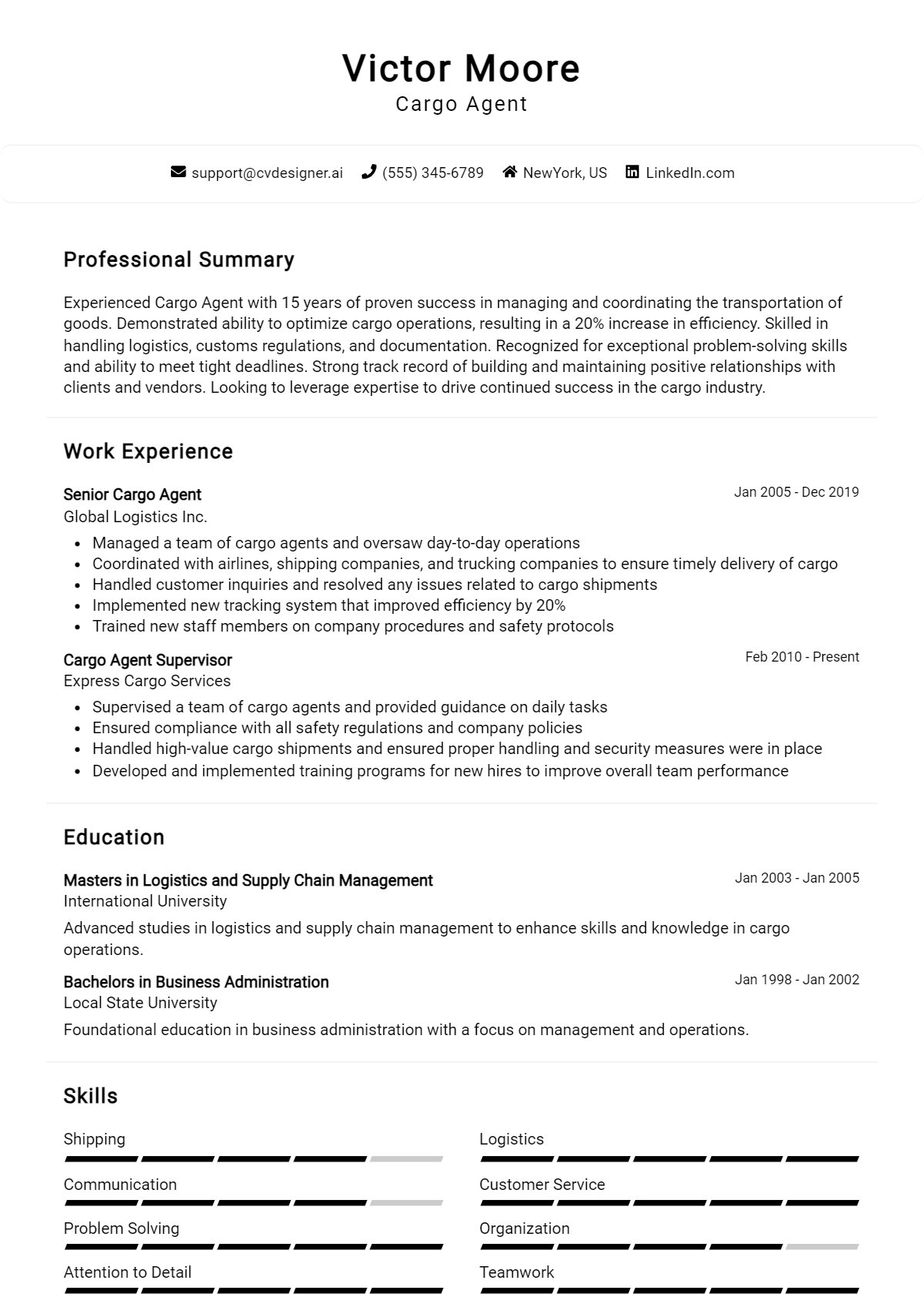 Cargo Agent Resume Example for 2024: Best Tips & Templates - CVDesigner.ai