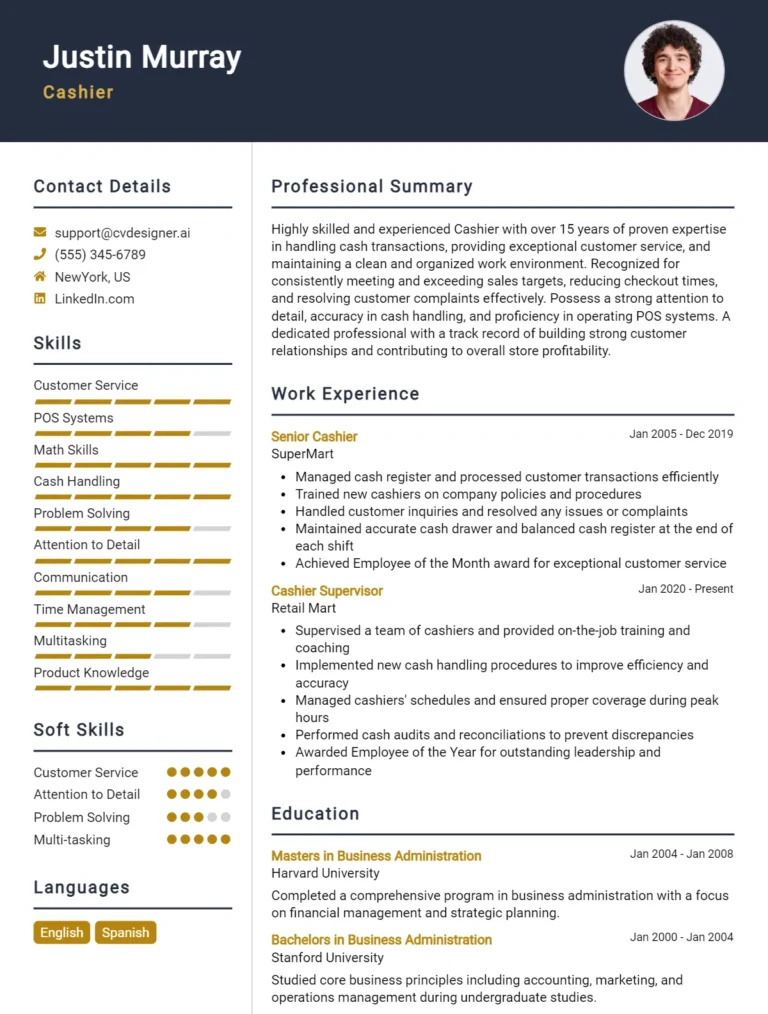 Cashier CV Example For 2025: Best Writing Guide