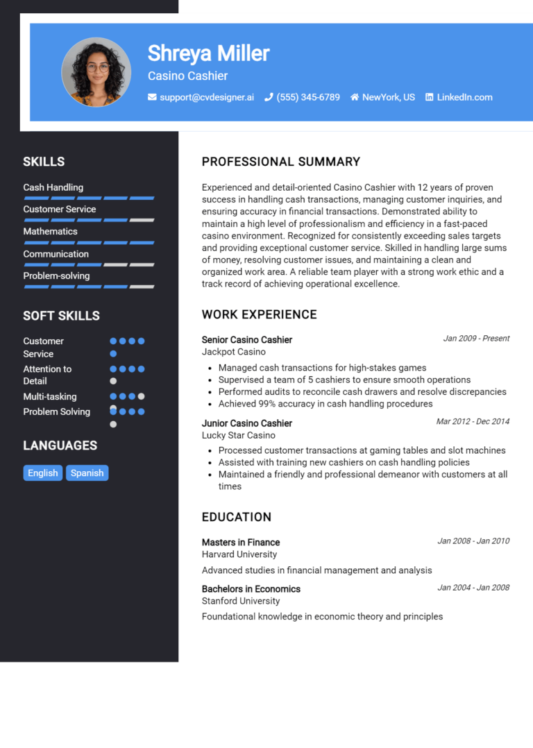 Casino Cashier Resume Example for 2025: How to Craft a Winning CV