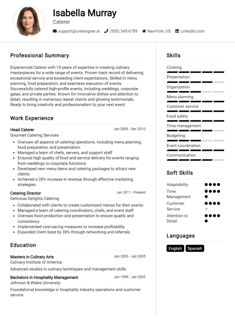 Caterer Resume Example for 2025: Free Professional Templates