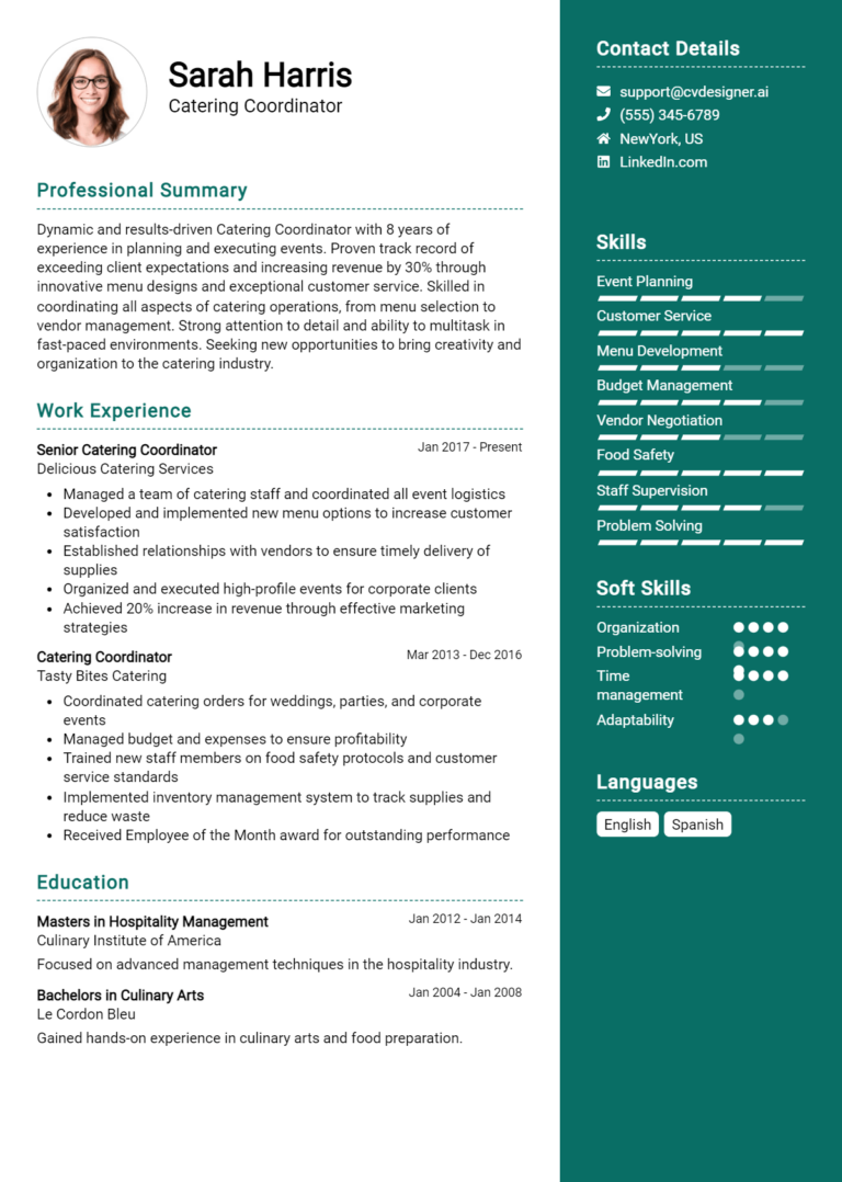 Catering Coordinator Resume Example for 2025: Professional CV Templates