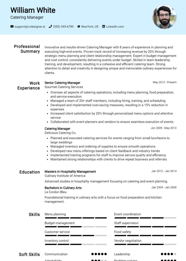 Catering Manager Resume Example for 2025: Free Templates