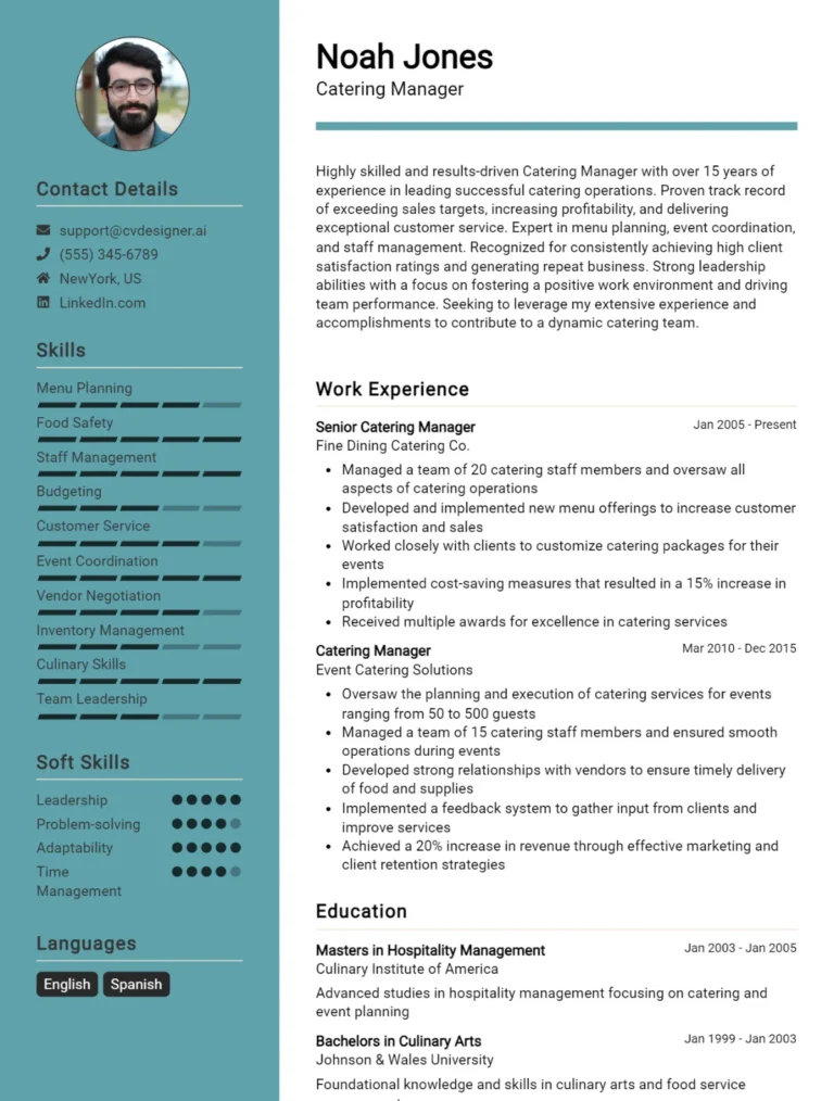 Catering Manager CV Example For 2025: Examples & Free Templates