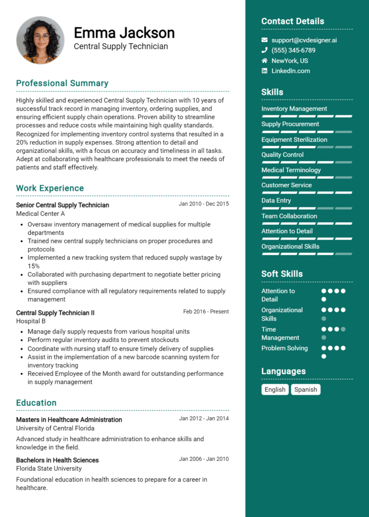 Central Supply Technician Resume Example
