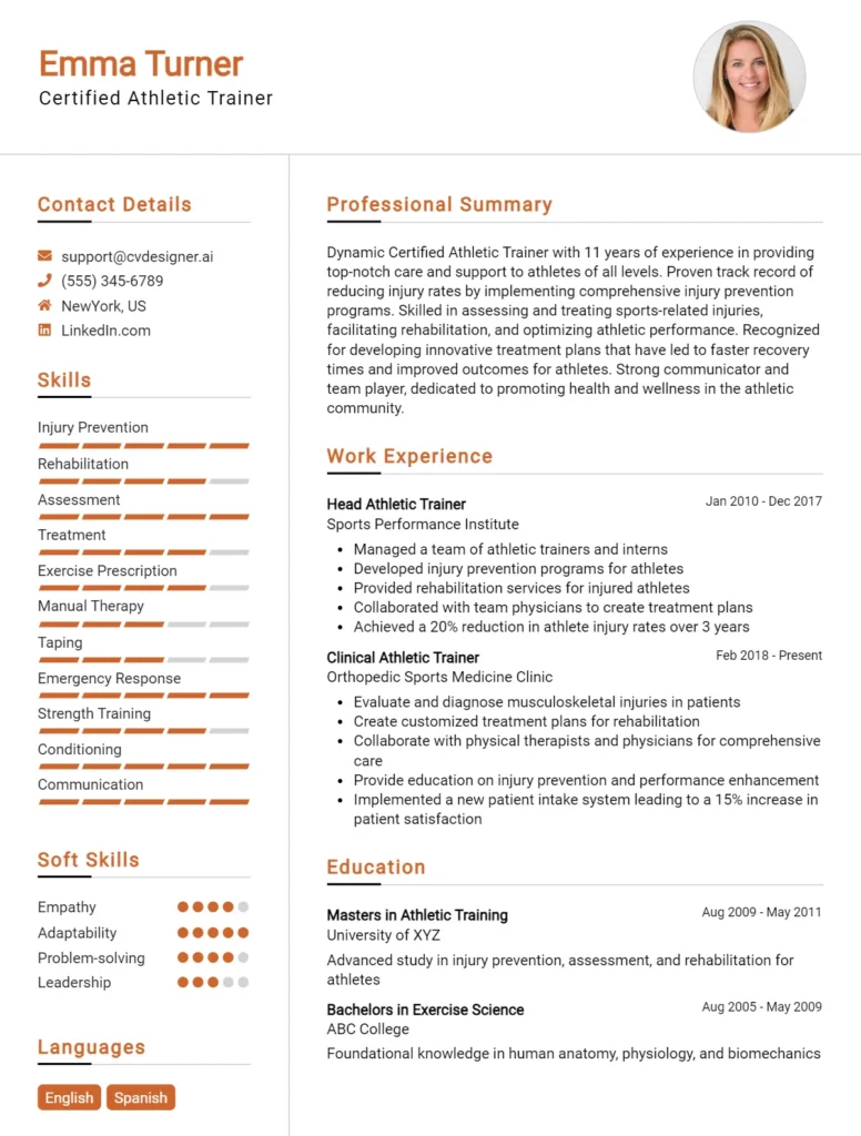 Certified Athletic Trainer CV Example