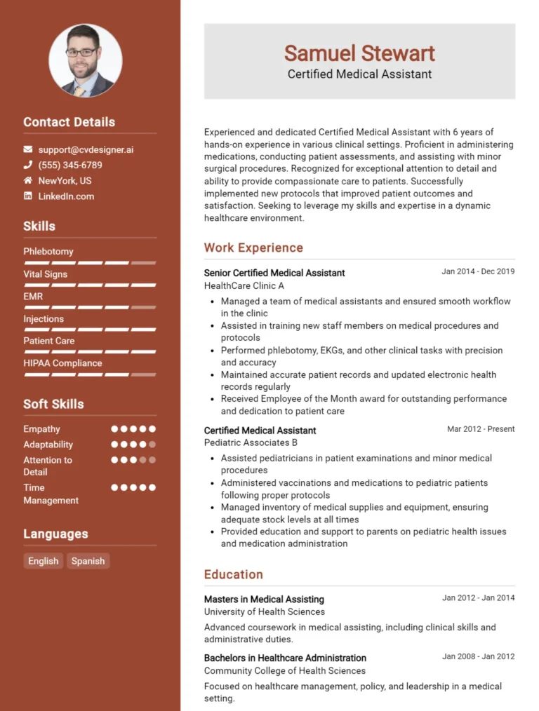 Certified Medical Assistant CV Example For 2025: Professional CV Templates