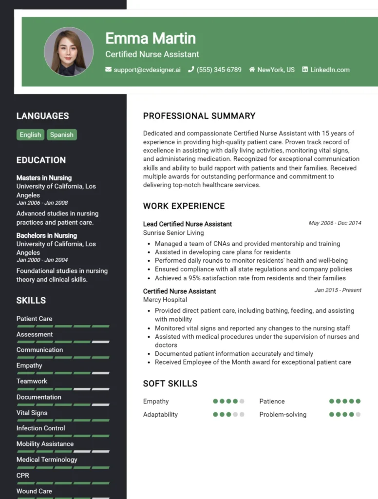 Certified Nurse Assistant CV Example