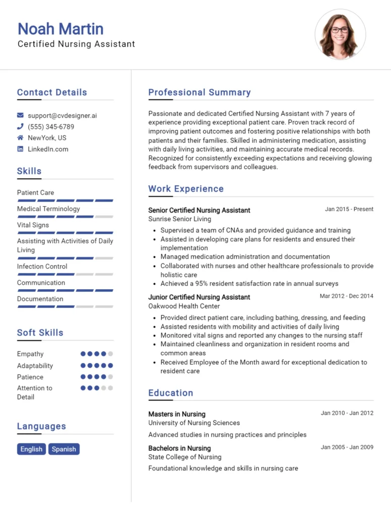 Certified Nursing Assistant CV Example