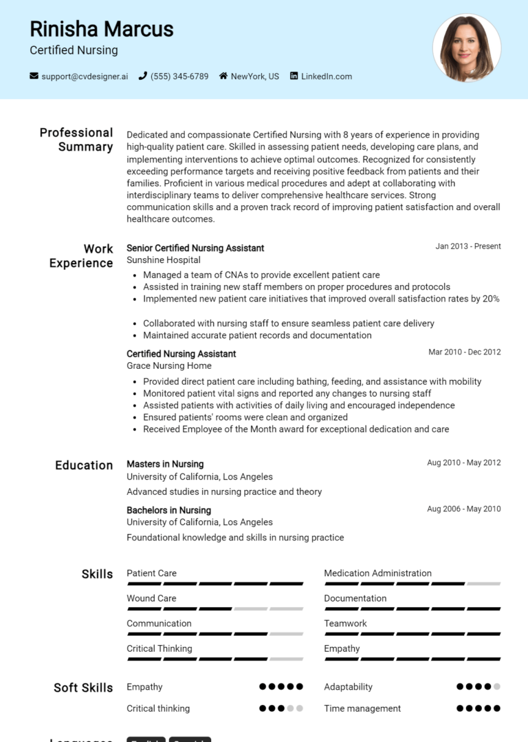 20 Certified Nursing CV Example for 2025: Best Writing Guide